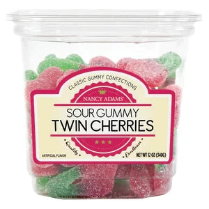 Nancy Adams Sour Gummy Twin Cherries 12 Oz Tub